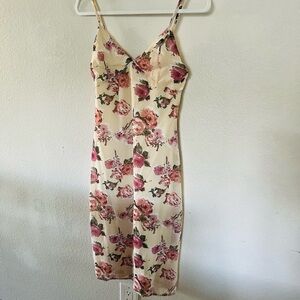 Wild Honey Cream Midi Slip Dress with Pink Floral Print